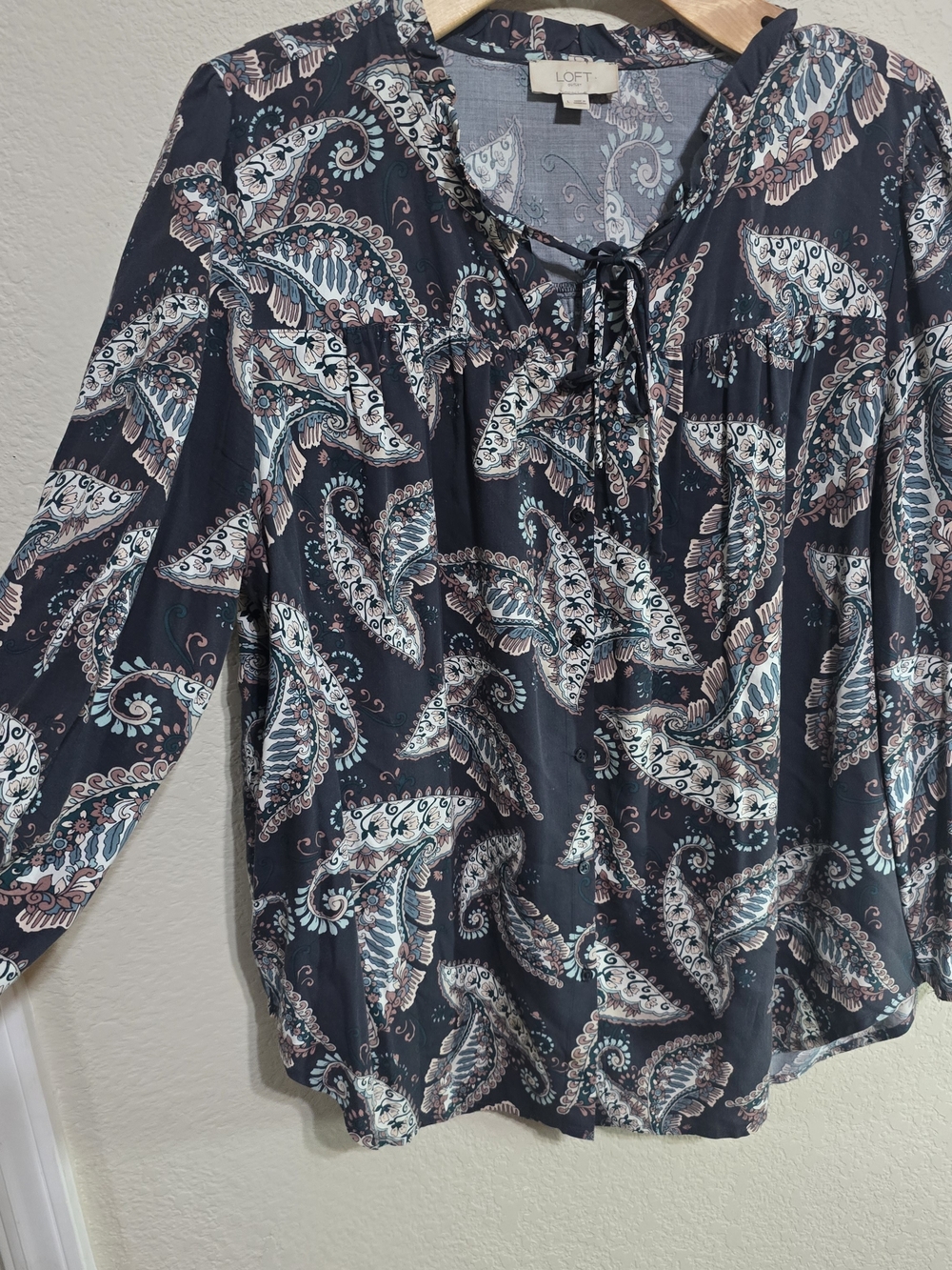 LOFT Black Paisley Tie-Neck Blouse